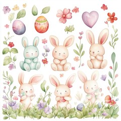 Global easter traditions concept. Playful Watercolor Easter Bunnies in Motion with Flowers and Eggs