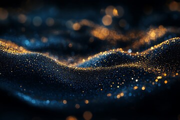 Close-up view of glowing golden particles sparkling above dark water, creating an enchanting, mystical ambiance with a deep blue background and soft bokeh effects.