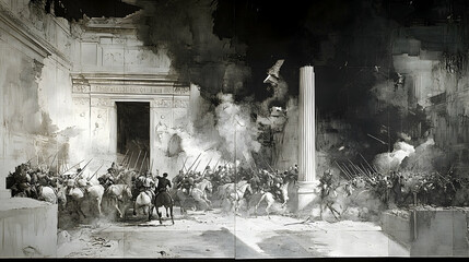 An illustration depicting a battle scene with horses and soldiers