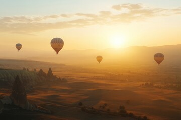 Colorful hot air balloons soar over golden desert dunes at sunrise in tranquil sky