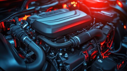 Obraz premium Modern car engines showcasing advanced automotive technology with soft, ambient lighting that highlights their sleek and sophisticated design.
