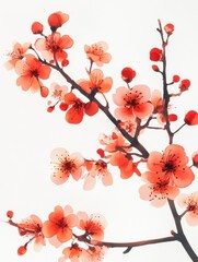 Naklejka premium Watercolor Cherry Blossom Branch with Red Flowers on White Background Artistic Floral Springtime Illustration