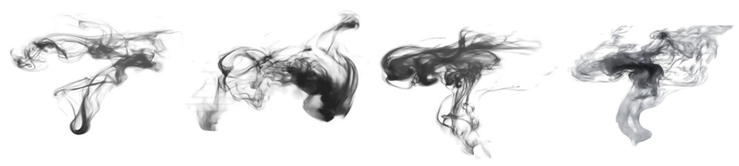 Fototapeta premium An eliment set of Thick Black Smoke Curling Up in an Abstract Motion. Full frame of forms and textures of smoke of black color on islated transfarent background, PNG. 