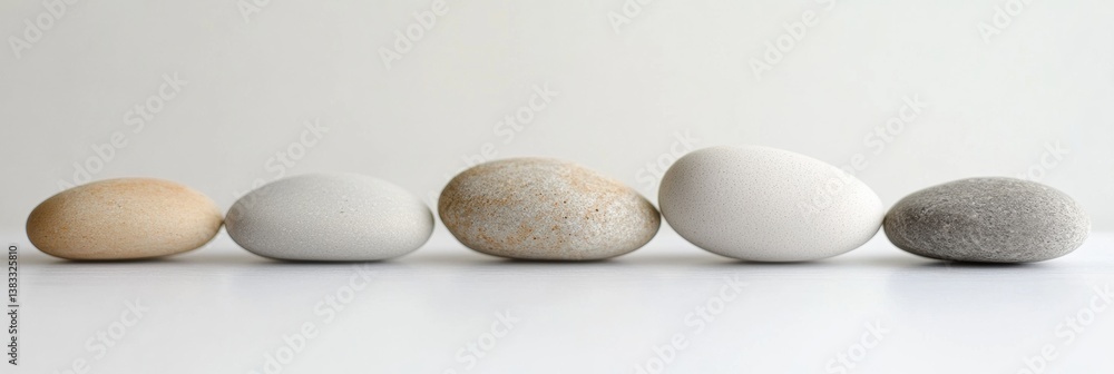 Poster arrangement of smooth river stones on a white surface in soft lighting for a calming minimalist aest