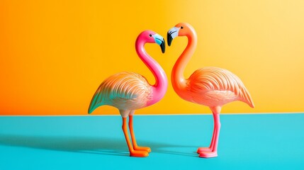 Obraz premium Two flamingo toys on a vibrant orange and blue background, radiating joy and optimism.