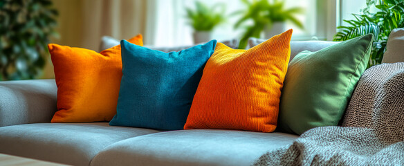Cozy sofa with colorful pillows. Colorful pillows in orange, teal, and green brighten a light gray sofa, making the living space inviting.