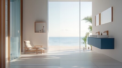 A minimalist seaside bathroom with white walls, a blue vanity, and wooden accents.