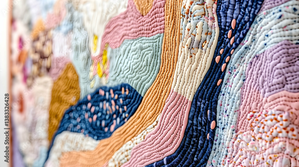 Poster a colorful abstract fabric piece with stitched patterns and textures