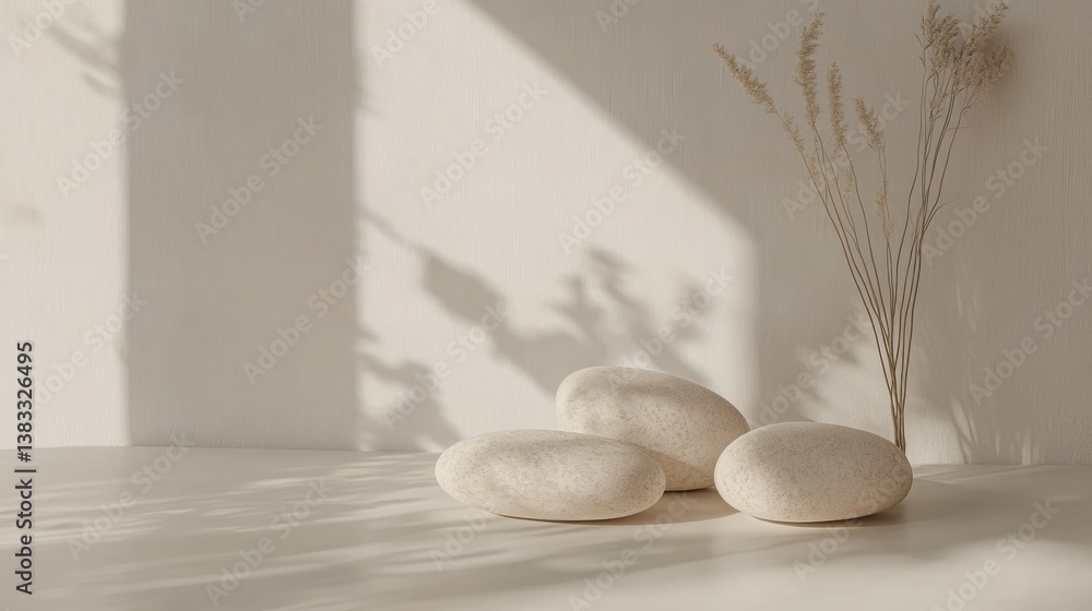 Poster minimalist arrangement of river stones on a soft white surface with gentle shadows and natural light