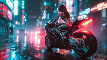 A girl is riding a futuristic motorcycle speeding through a neon-lit cityscape at night.