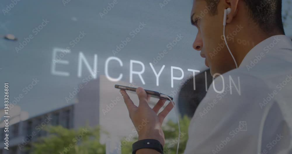 Poster using smartphone with encryption text overlaying urban background, man in animation