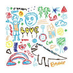 Fototapeta premium Kids drawing illustration, vector children color pencil naive doodle stciker set, cute cartoon 