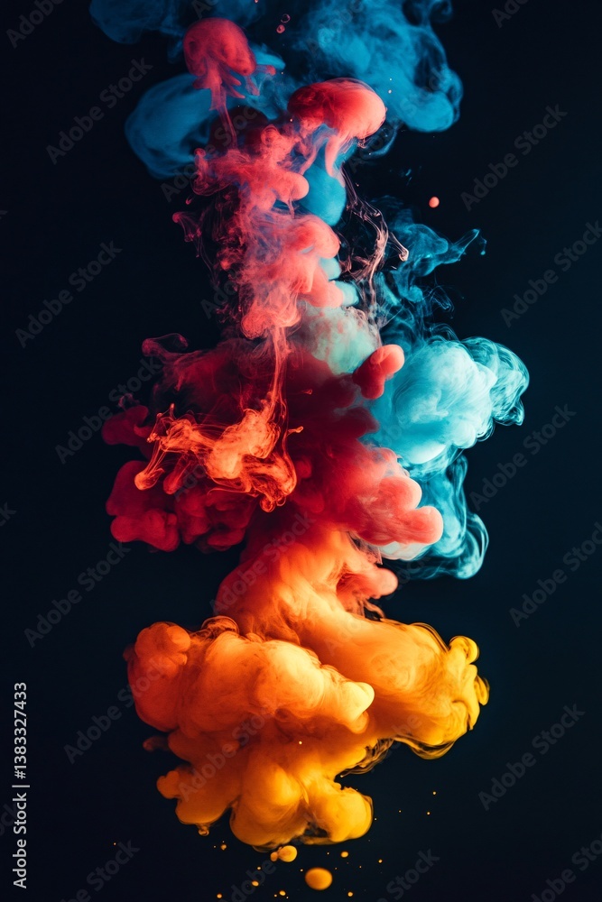 Poster colorful ink mixing in water creating abstract shapes