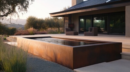 A modern outdoor seating area beside a sleek rectangular water feature.