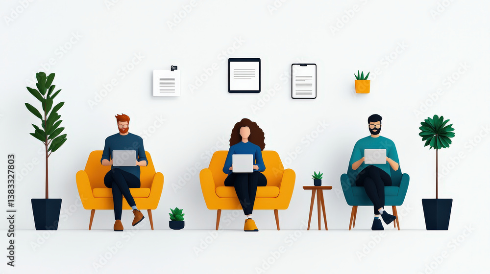 Aufkleber modern office setting with three people sitting on colorful chairs, using laptops. minimalist design