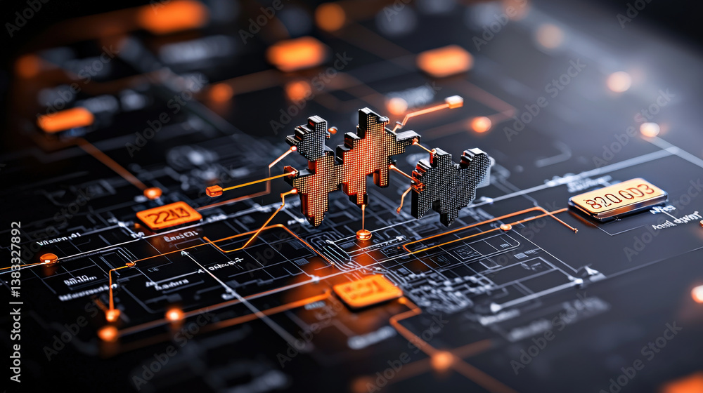 Leinwandbilder futuristic digital interface displays 3D cityscape model with interconnected data points, symbolizing AI and machine learning optimization. glowing orange and black theme enhances high tech