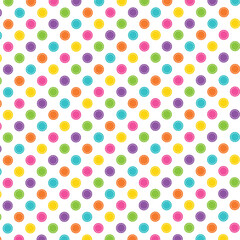 Polka dots design, white background, seamless repeat colorful dots pattern, gift wrap paper