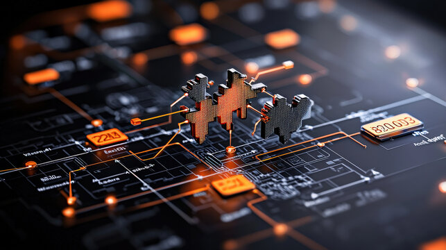 futuristic digital interface displays 3D cityscape model with interconnected data points, symbolizing AI and machine learning optimization. glowing orange and black theme enhances high tech