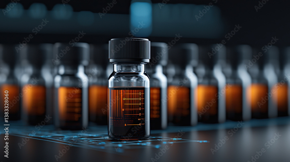 Aufkleber row of small glass vials with black caps is lined up on sleek surface, each filled with amber liquid