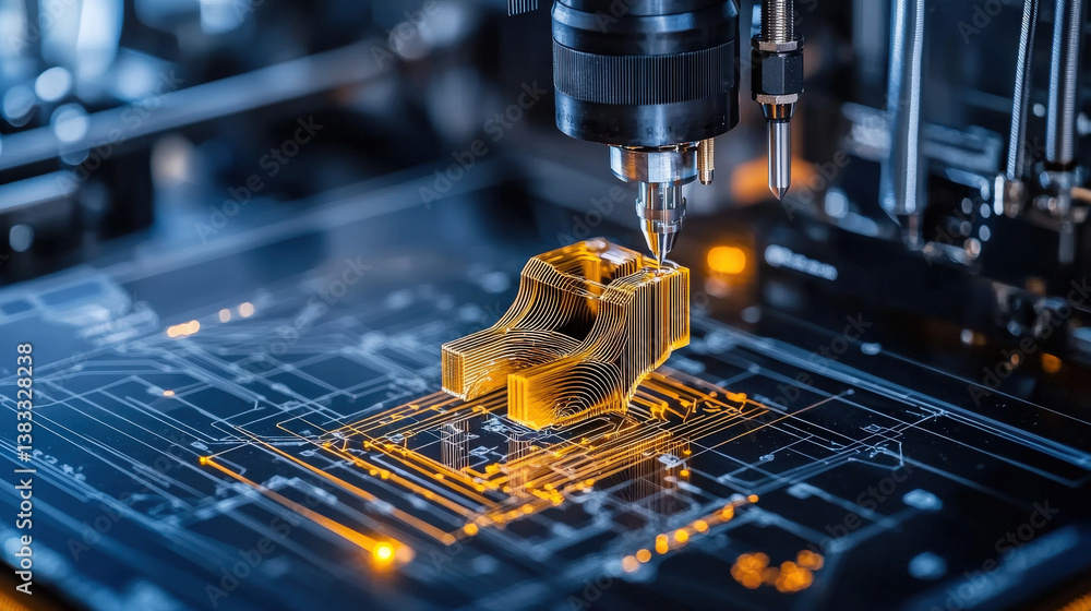 Poster close up of 3D printer creating intricate metal object, showcasing precision and technology. glowing design highlights advanced engineering involved