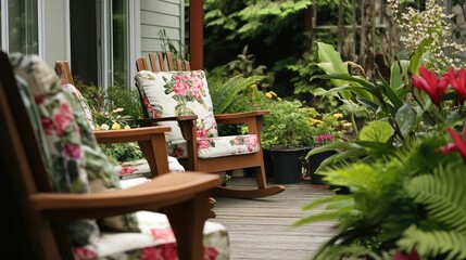 Obraz premium A relaxing coastal patio with wooden rockers, floral seat cushions, and lush green plants.