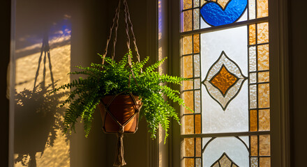Hanging Fern Planter Beside Stained Glass Window Interior Decor Still Life
