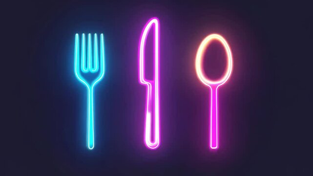 Blue and purple neon light glowing kitchen utensil icon isolated dark video background.