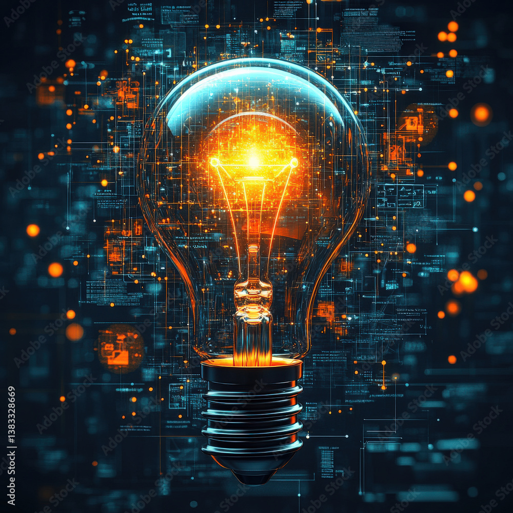 Poster glowing light bulb symbolizes innovation and creativity against digital background filled with circuit patterns and data streams, representing technology and futuristic concepts