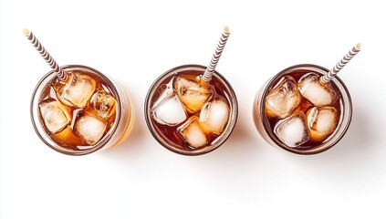 Refreshing Iced Coffee Drinks with Ice Cubes in Glasses, Served with Striped Straws for a Cool Summer Beverage.