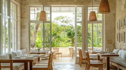 Fototapeta premium A resort caf with a soft neutral palette, open windows, and ocean breezes.