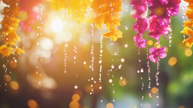 Vibrant water droplets and floral garlands capture the joy of a traditional water festival.