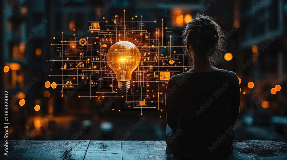 Aufkleber person gazes at glowing light bulb surrounded by digital data symbols, symbolizing innovation and te