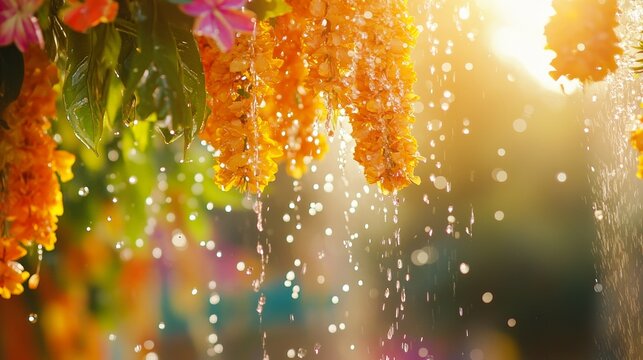 Vibrant water droplets and floral garlands capture the joy of a traditional water festival.