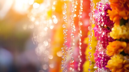 Vibrant water droplets and floral garlands capture the joy of a traditional water festival.