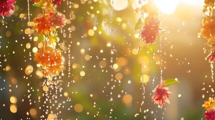 Vibrant water droplets and floral garlands capture the joy of a traditional water festival.
