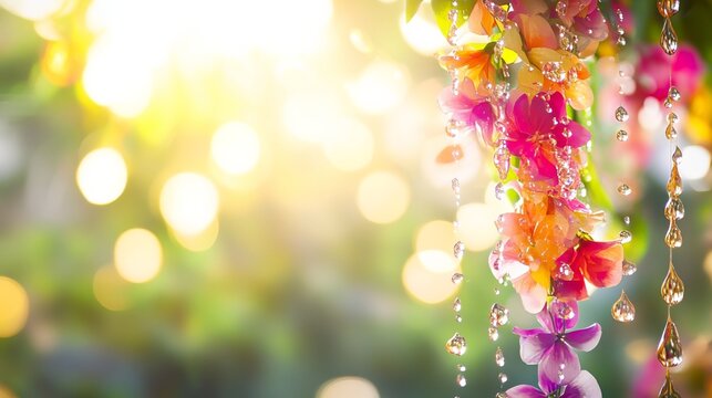 Vibrant water droplets and floral garlands capture the joy of a traditional water festival.
