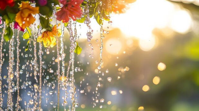 Vibrant water droplets and floral garlands capture the joy of a traditional water festival.