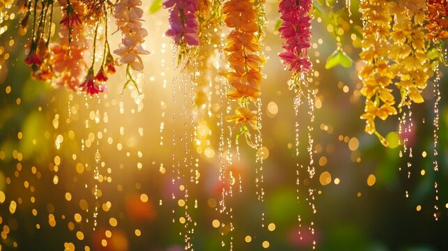 Vibrant water droplets and floral garlands capture the joy of a traditional water festival.