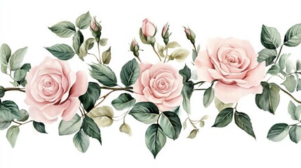 Naklejka premium Pink roses with green leaves in watercolor style, symbolizing natural beauty and delicate elegance.