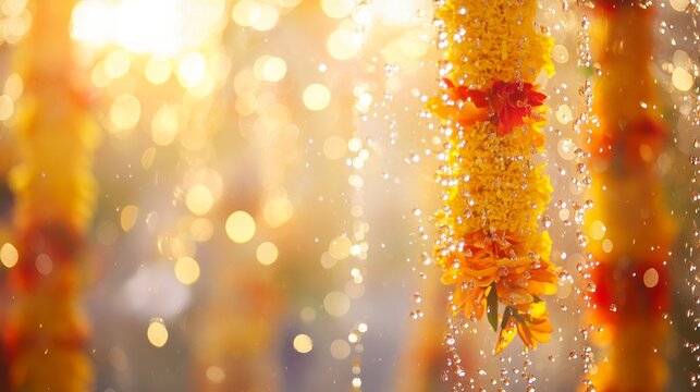 Vibrant water droplets and floral garlands capture the joy of a traditional water festival.