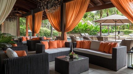 Fototapeta premium A stylish cabana with rattan sofas, coral accents, and an elegant chandelier.