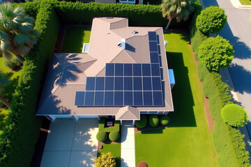 An aerial shot of a residential area, focusing on a house with solar panels and a well-maintained garden..