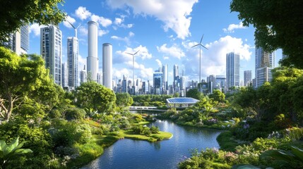 Fototapeta premium Lush Green Cityscape with Wind Turbines and Modern Architecture