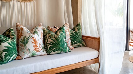 A stylish daybed with a wooden frame, tropical-patterned cushions, and sheer drapery.