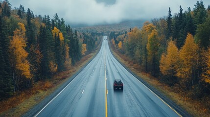 Fototapeta premium Rainy autumn road trip; car on highway through forest; misty mountains