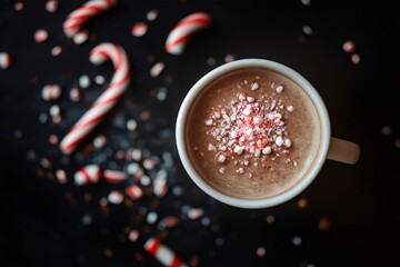 Festive peppermint mocha with crushed candy canes sitting on a black background with scattered candy canes around