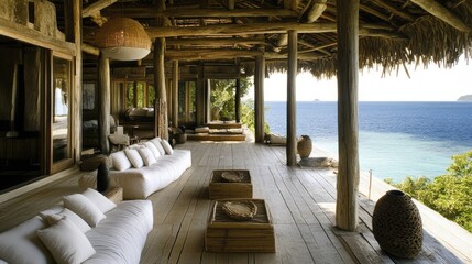 Obraz premium A stylish island resort entrance with rattan benches, wooden ceiling beams, and artistic table lamps.