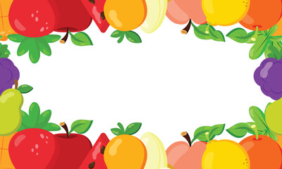 Colorful fruit frame with apples, bananas, grapes, oranges and more, perfect for banners, summer ads, healthy food promotions, juice packaging and kids menu design