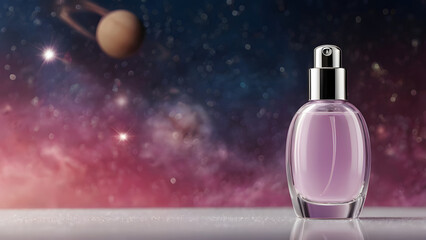 Glass bottle for perfume products against the backdrop of space