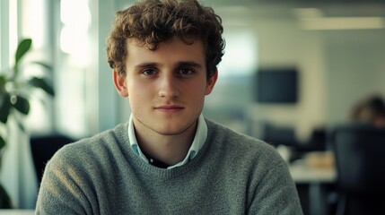 Confident young businesswoman in office, radiating professionalism and focus.